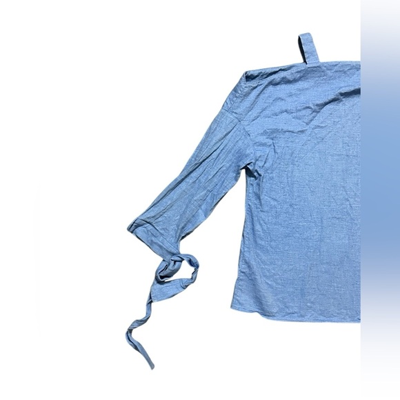 TIBI COLD SHOULDER TIE SLEEVE SQUARE NECK LS BLUE COTTON Denim BLOUSE Sz XS - Picture 4 of 8